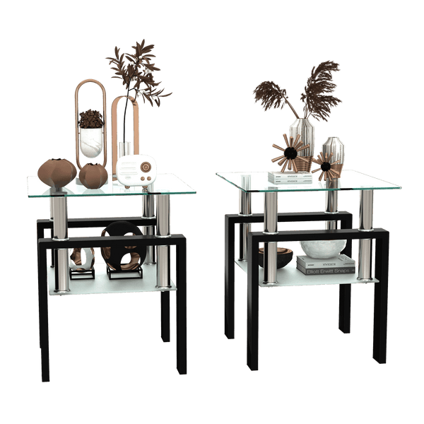 Set of 2, Modern Tempered Glass Tea Table Coffee Table End Table, Square Table for Living Room, Transparent/Black