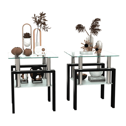 Set of 2, Modern Tempered Glass Tea Table Coffee Table End Table, Square Table for Living Room, Transparent/Black