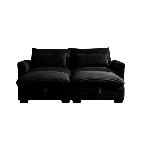 Corduroy Two-Seater Sofa with 2 Storage Footrest,2 Seater Sectional deep seat sofa,Comfy Couches for Living Room,Black Sofa