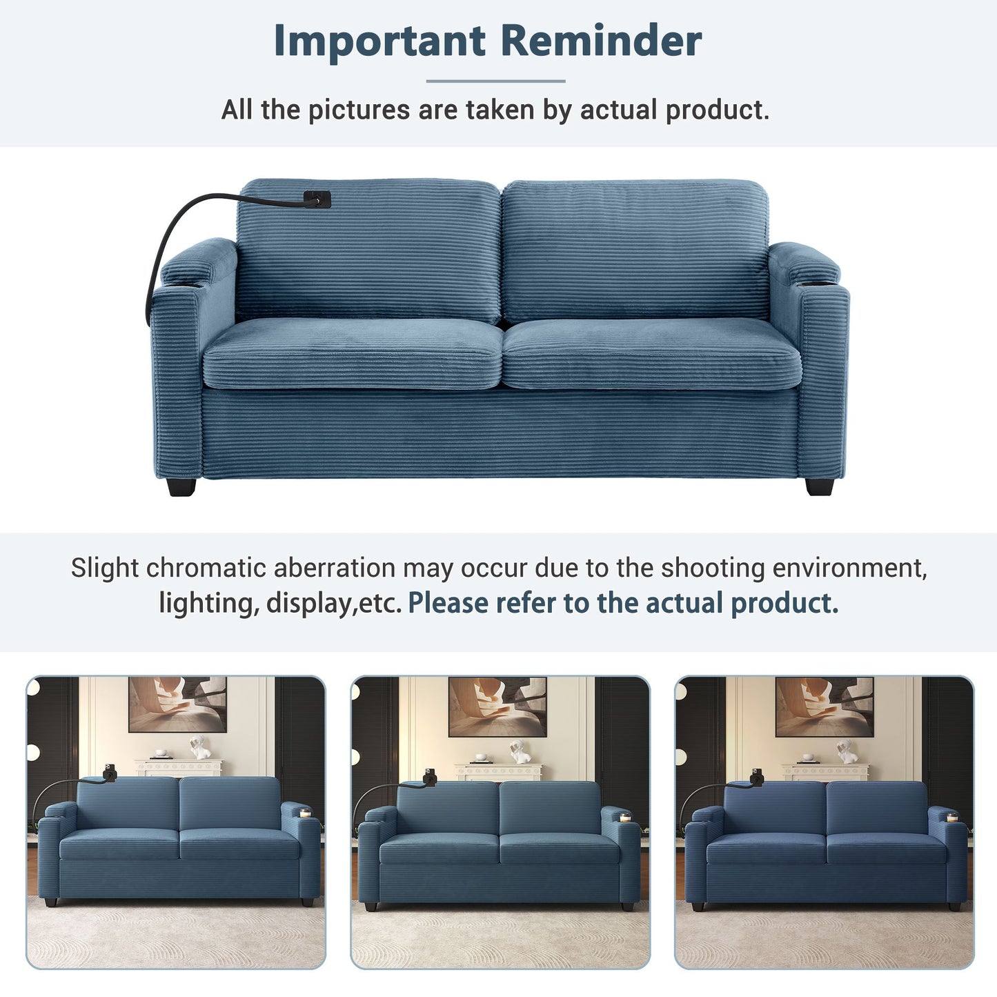 72.8" Corduroy Sleeper Sofa Loveseat Sofa with Full Size Mattress, Two USB Ports, Two Cup Holders, Two Side Pockets and a Phone Holder for Living Room, Navy Blue