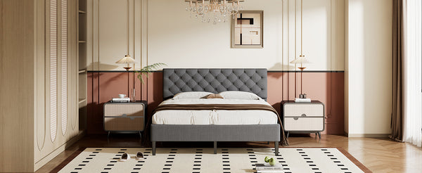 Upholstered Linen Platform Bed, Queen Size