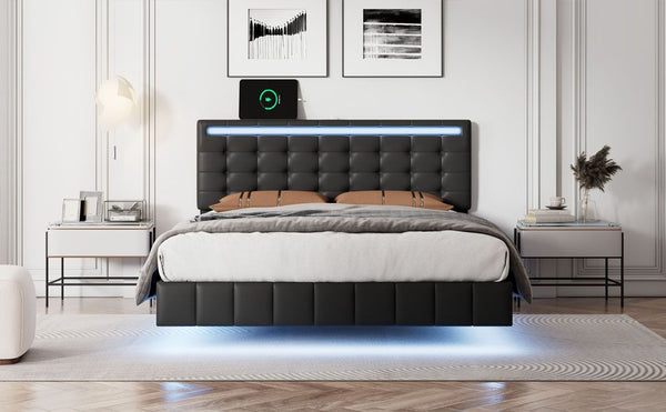 Full Size Floating Bed Frame with LED Lights and USB Charging,Modern Upholstered Platform LED Bed Frame