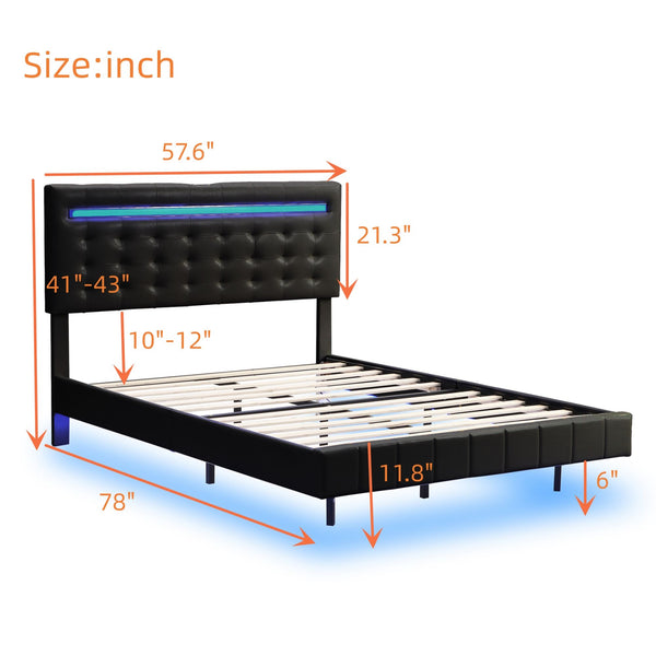 Full Size Floating Bed Frame with LED Lights and USB Charging,Modern Upholstered Platform LED Bed Frame