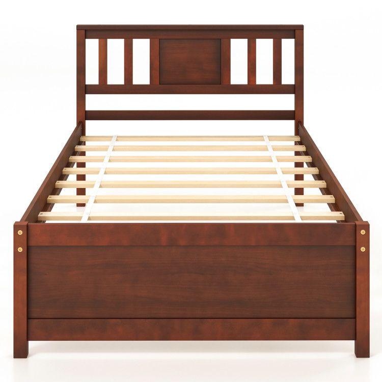 Wooden Platform Bed with Headboard and Wood Slat Support