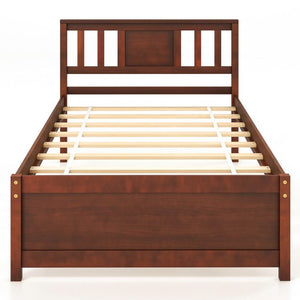 Wooden Platform Bed with Headboard and Wood Slat Support