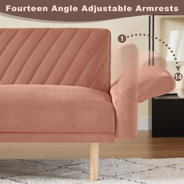 78'' Velvet Futon Sofa Bed, Convertible Sleeper Couch Bed with Adjustable Armrests and Backrest, Loveseat Sleeper Bed with 2 Pillows, Modern Futon Couch for Living Room, Pink