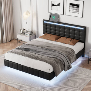 Full Size Floating Bed Frame with LED Lights and USB Charging,Modern Upholstered Platform LED Bed Frame