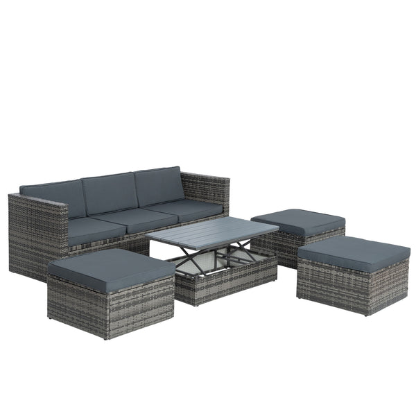 Patio Furniture, Outdoor Furniture, Seasonal PE Wicker Furniture,5 Set Wicker Furniture With Plywood Coffee Table,with lift TOP Coffee Table,with Lounger Sofa