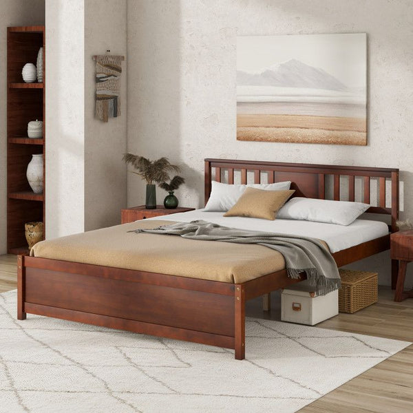 Wooden Platform Bed with Headboard and Wood Slat Support