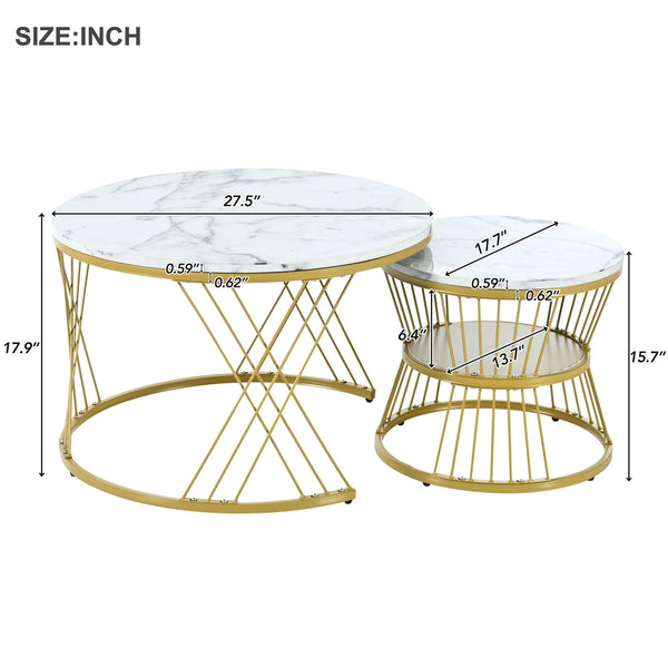 [VIDEO provided] ON-TREND Φ27.5'' & Φ17.7'' Nesting Coffee Table with Marble Grain Table Top, Golden Iron Frame Round Coffee Table, Set of 2, for Living Room, Balcony, White