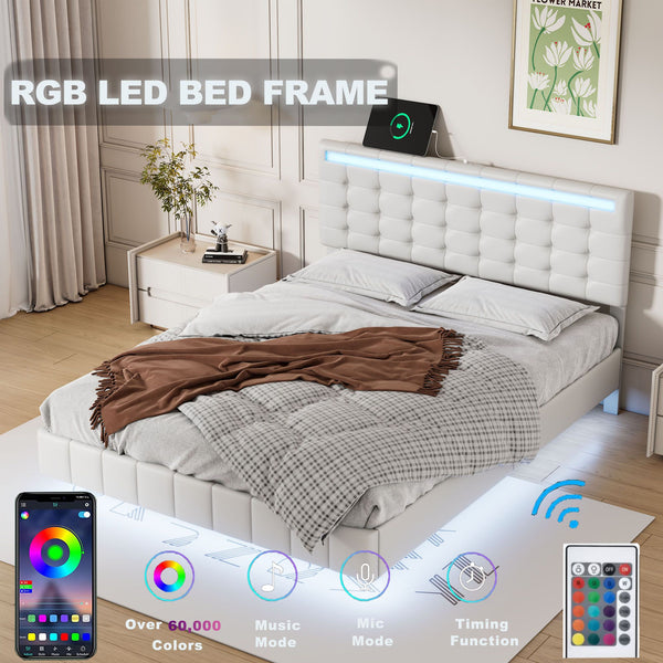 Full Size Floating Bed Frame with LED Lights and USB Charging,Modern Upholstered Platform LED Bed Frame