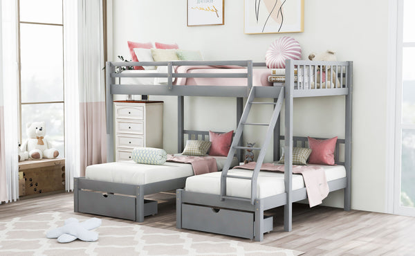 Full Over Twin & Twin Bunk Bed, Wood Triple Bunk Bed with Drawers and Guardrails, Gray (OLD SKU: LP000143AAE)