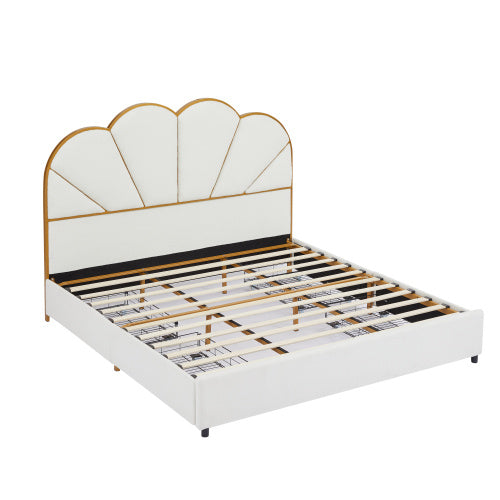 King Size Bed Frame with Drawer, Upholstered Smart Platform Bed with 4-Drawers Strong Wood Slats Support, No Box Spring Needed, Teddy Fleece, White