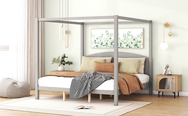 King Size Canopy Platform Bed with Headboard and Support Legs, Grey Wash