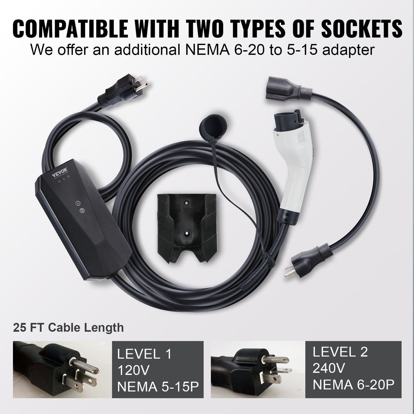 VEVOR Level 1+2 Portable EV Charger, 16 Amp 120V or 240V, Electric Vehicle Charger with 28-Foot Charging Cable NEMA 6-20P Plug NEMA 5-15 Adapter, Plug-in Home EV Charging Station for SAE J1772 EVs