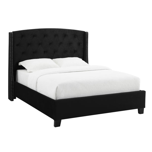 Summit Wingback Tufted Upholstered Bed with Nailhead, Queen size, Black