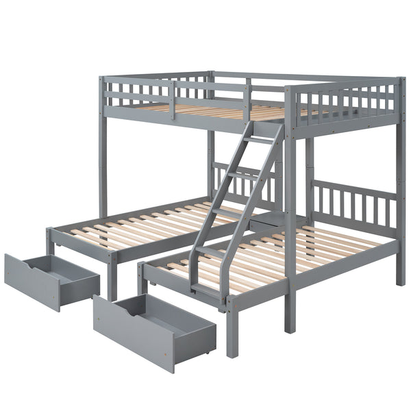 Full Over Twin & Twin Bunk Bed, Wood Triple Bunk Bed with Drawers and Guardrails, Gray (OLD SKU: LP000143AAE)