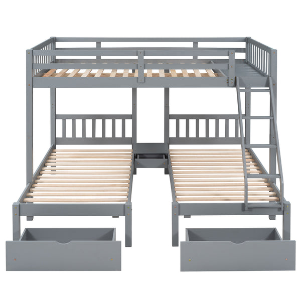 Full Over Twin & Twin Bunk Bed, Wood Triple Bunk Bed with Drawers and Guardrails, Gray (OLD SKU: LP000143AAE)