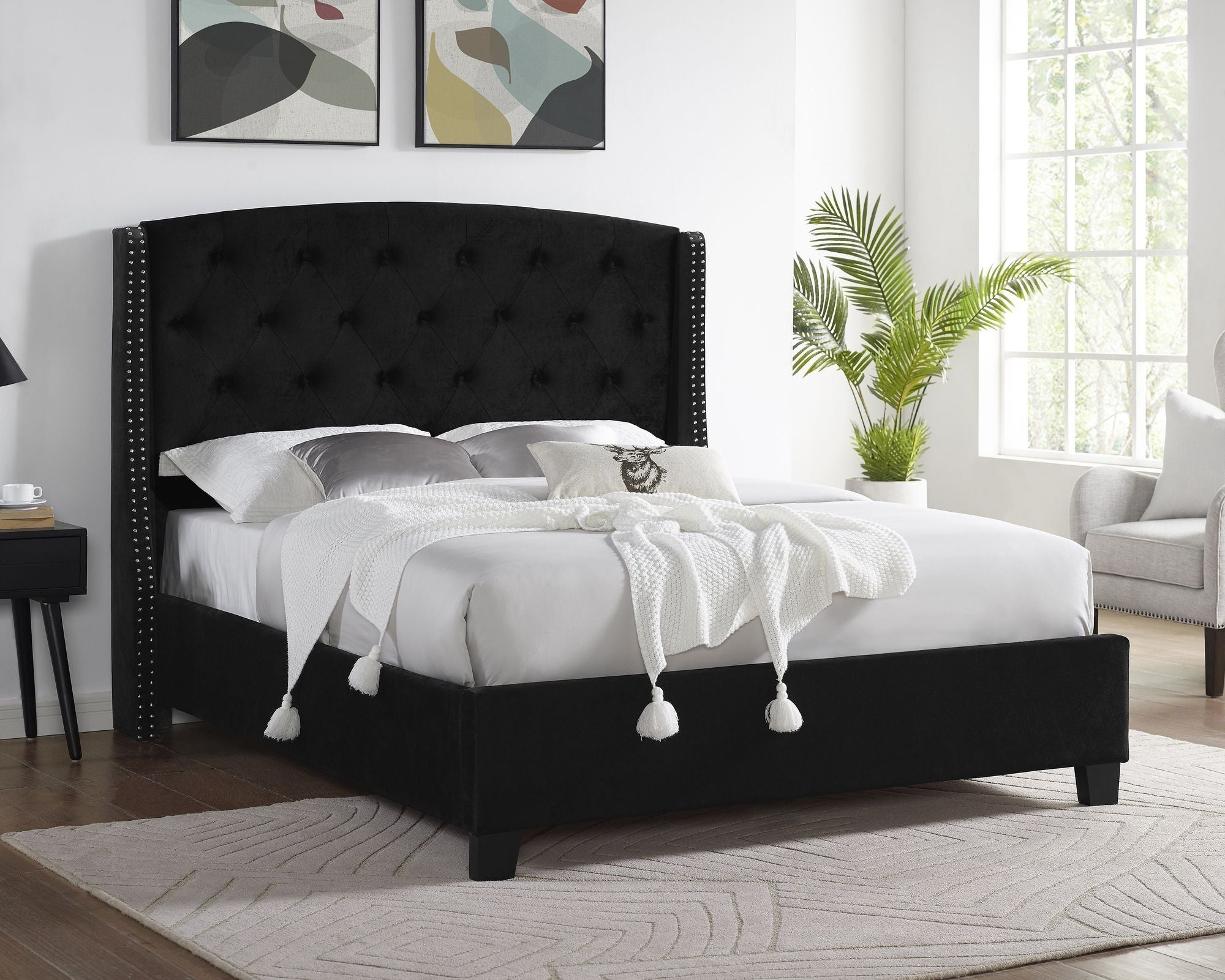 Summit Wingback Tufted Upholstered Bed with Nailhead, Queen size, Black