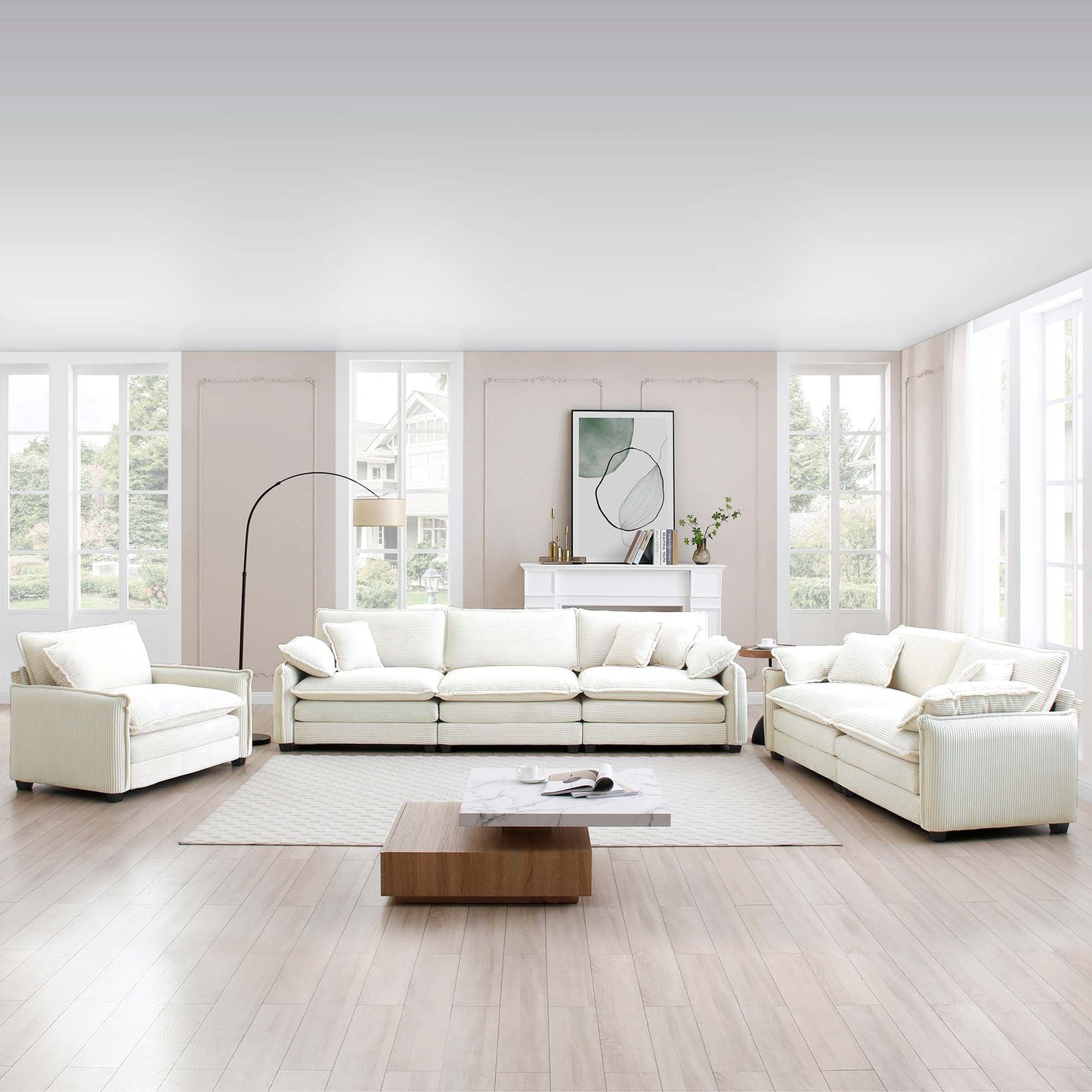 3 Piece Comfortable Oversized Sectional Sofa, One Single Sofa and One 2-Seater Sofa and One 3-Seater Sofa , Beige Corduroy Deep Seat Sofa