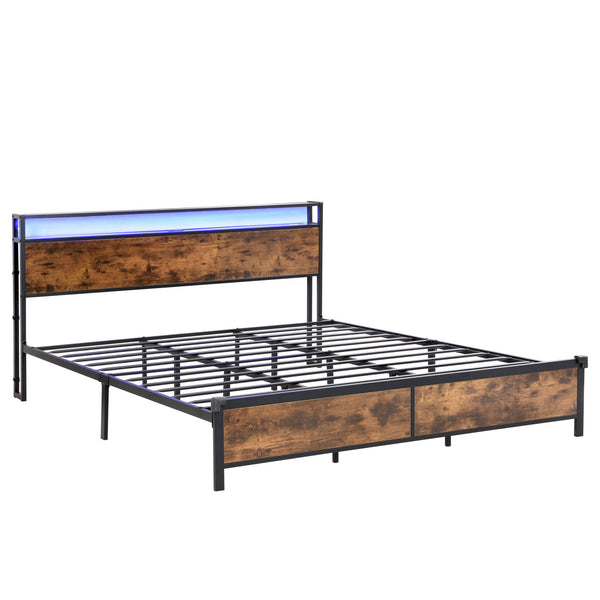 Industrial King Bed Frame with LED Lights and 2 USB Ports, Bed Frame King Size with Storage, Noise Free, No Box Spring Needed, Rustic Brown