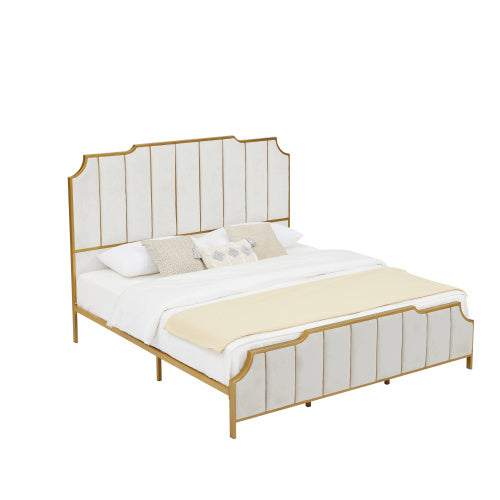 King Size Bed Frame,Upholstered Platform Bed & High headboard with Wood Slat Support,No Box Spring Needed,Easy Assembly, Velvet White