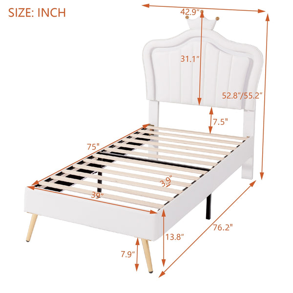 Twin Size Upholstered Bed Frame with LED Lights, Modern Upholstered Princess Bed With Crown Headboard,White