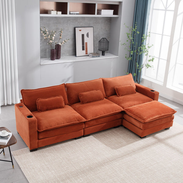 L Shape Sofa Couch with USB & Cup Holders, Corduroy Stripe Fabric 3 Seater Sofa with 1 Ottoman, Orange