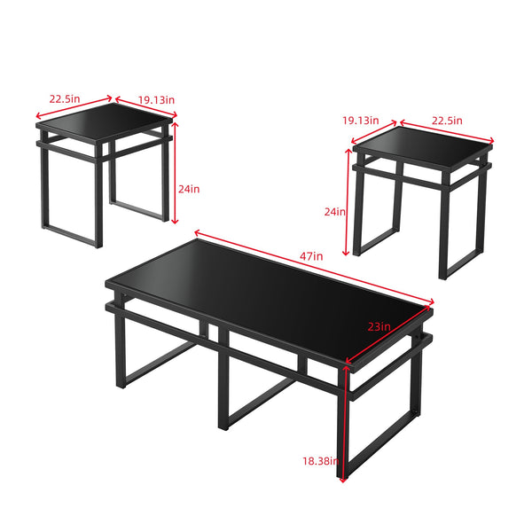 Modern 3-Piece Table Set, Includes 1 Coffee Table and 2 End Tables with BLACK Glass Top and Metal Tube (All-Black)