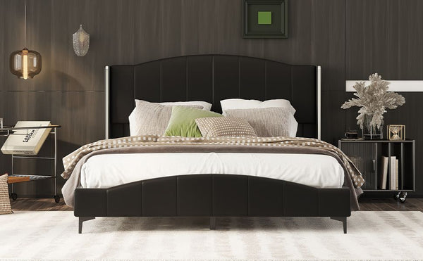 Queen Size PU Leather Upholstered Platform Bed, Headboard with Wingback and Metal Bar Accents, No Box Spring Required, Black