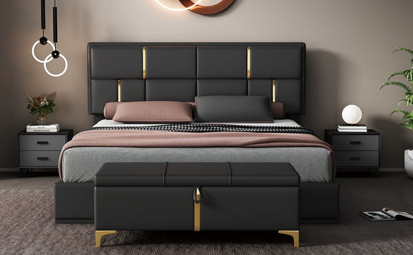 2-Pieces Bedroom Sets,Queen Size Upholstered Platform Bed with Hydraulic Storage System,Storage Ottoman with Metal Legs,Black