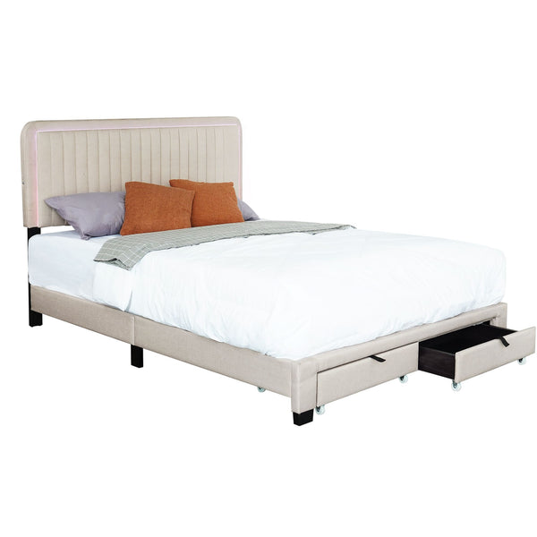 QUEEN SIZE UPHOLSTERED BED WITH ADJUSTABLE HEIGHT / MATTRESS 10 TO 14 INCHES / LED DESIGN WITH FOOTBOARD DRAWERS STORAGE / NO BOX SPRING REQUIRED BEIGE