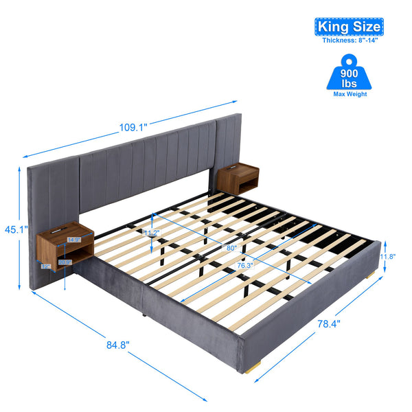 Upholstered King Size Bed Frame of Velvet Tufted Headboard with Floating Nightstand LED/USB Built-in, Grey