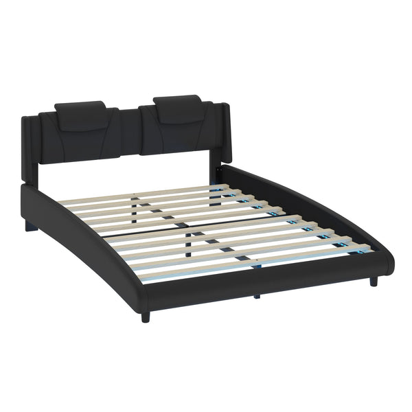 Modern Style Faux Leather Upholstered Platform Bed Frame with LED Light and Adjustable Headboard, No Box Spring Needed, Full Size, Black