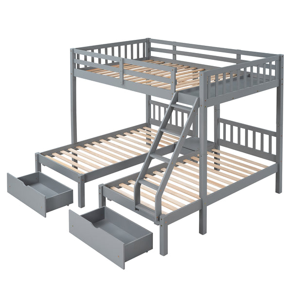 Full Over Twin & Twin Bunk Bed, Wood Triple Bunk Bed with Drawers and Guardrails, Gray (OLD SKU: LP000143AAE)