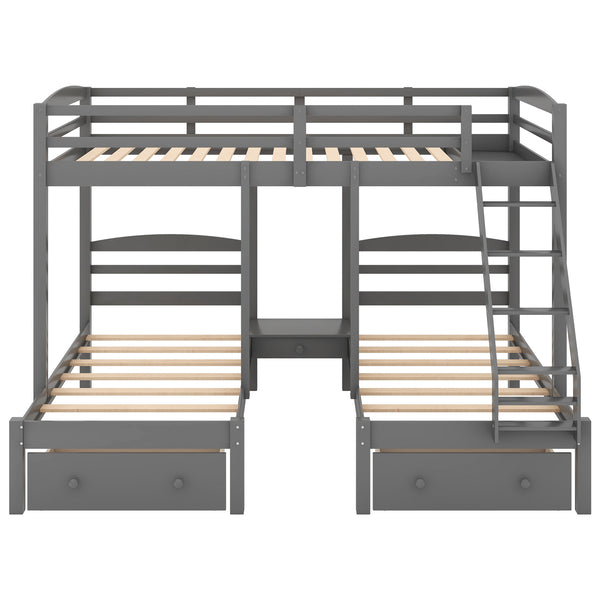 Full over Twin & Twin Bunk Bed,Triple Bunk Bed with Drawers, Gray