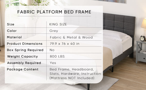 King Size Platform Bed Frame with Fabric Upholstered Headboard and Wooden Slats, No Box Spring Needed/Easy Assembly, Dark Grey