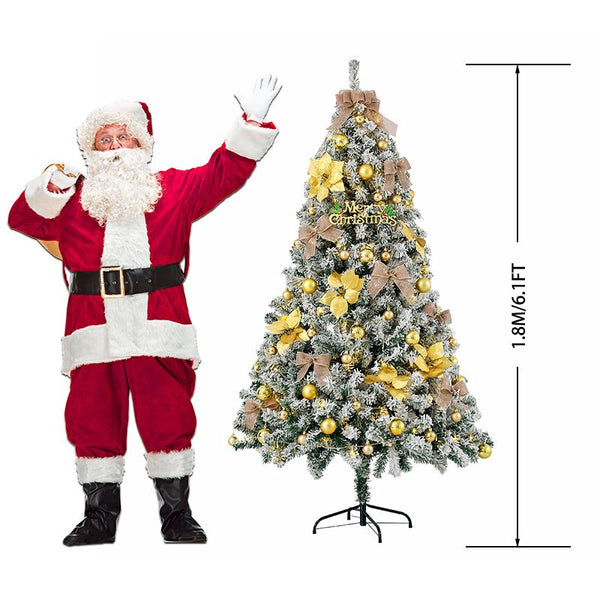 6FT Artificial Hinged Christmas Tree Snow Flocked Pine Tree with Solid Metal Stand Festival Xmas Tree for Indoor Outdoor