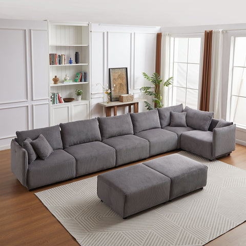 Multi-Module Combination Style Sofa for Living Room, Bedroom and Other Lounge Spaces, Modern Minimalist Corduroy Combination Sofa with 2 Comfort Cushions with USB & C Charging Ports,Gray,two sets