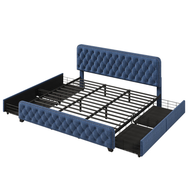 Upholstered Platform Bed Frame with Four Drawers, Button Tufted Headboard and Footboard Sturdy Metal Support, No Box Spring Required, Blue, King (Old sku: BS300277AAC)