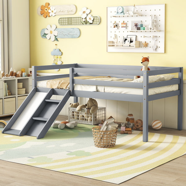 Twin Low Loft Bed with Slide, Ladder, Safety Guardrails, No Box Spring Needed,Grey