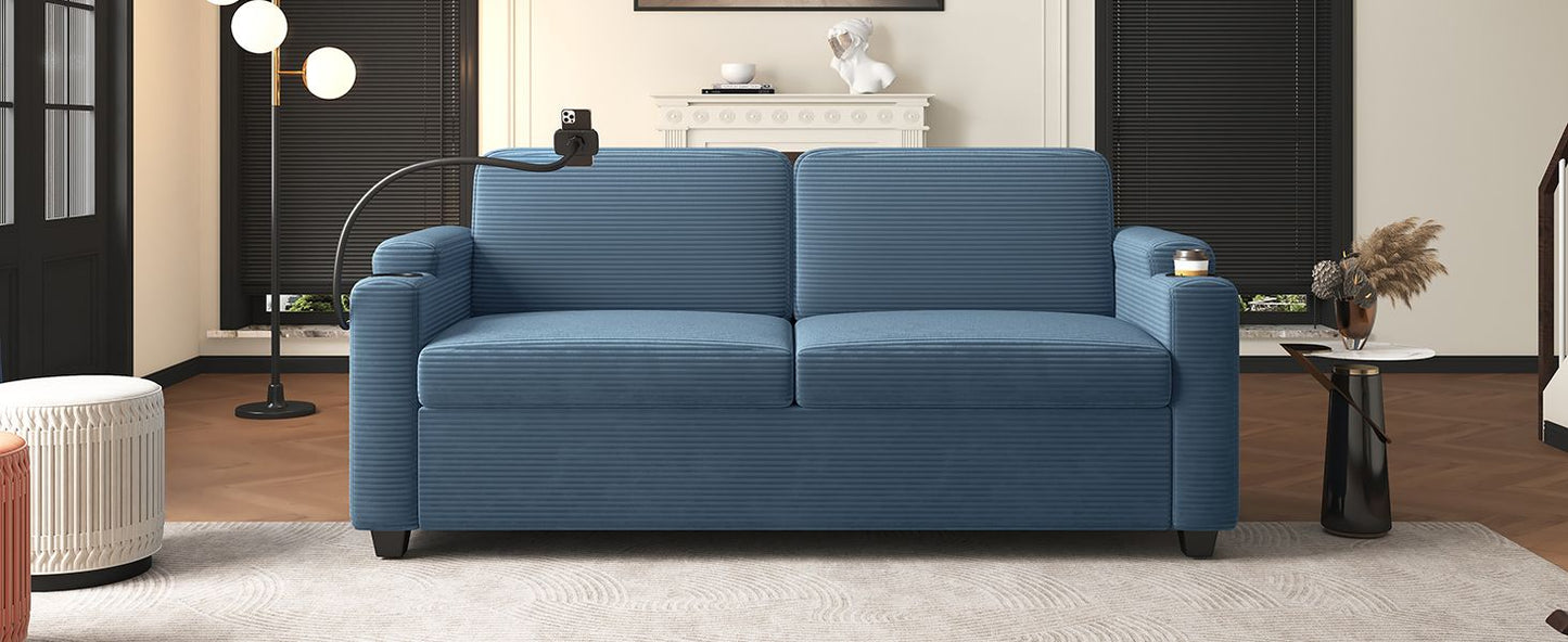 72.8" Corduroy Sleeper Sofa Loveseat Sofa with Full Size Mattress, Two USB Ports, Two Cup Holders, Two Side Pockets and a Phone Holder for Living Room, Navy Blue