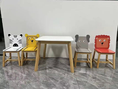 5 Piece Kiddy Table and Chair Set , Kids Wood Table with 4 Chairs Set Cartoon Animals (bigger table) (3-8 years old)