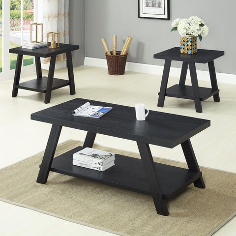 Athens Contemporary Replicated Wood Shelf Coffee Set Table in Black Finish