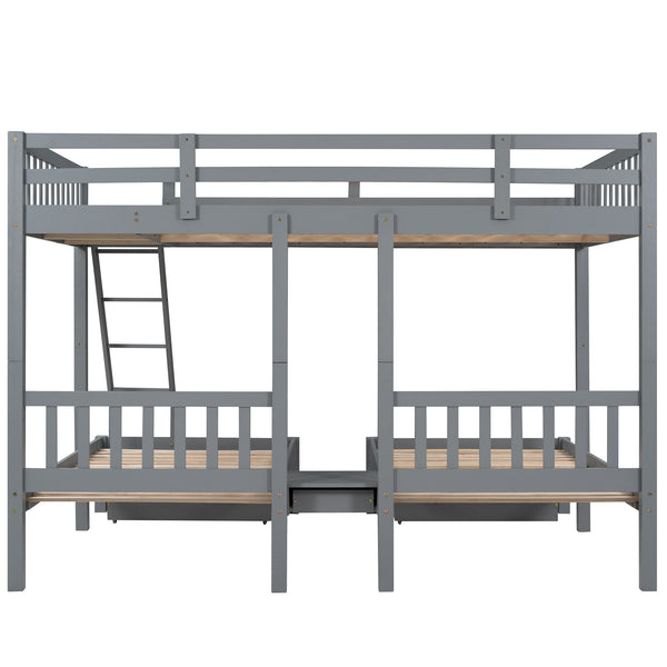 Full Over Twin & Twin Bunk Bed, Wood Triple Bunk Bed with Drawers and Guardrails, Gray (OLD SKU: LP000143AAE)