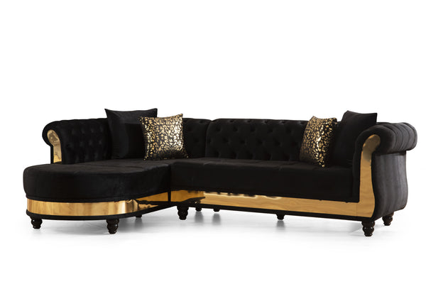 Julia Gold Detailed Tufted Upholstery Sectional made with Wood In Black