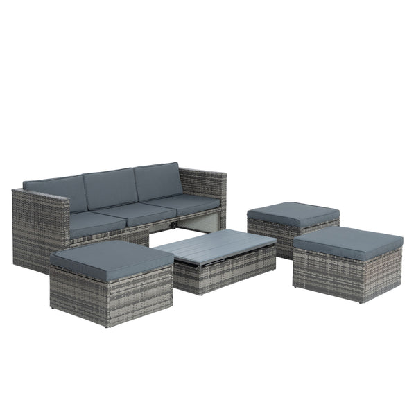 Patio Furniture, Outdoor Furniture, Seasonal PE Wicker Furniture,5 Set Wicker Furniture With Plywood Coffee Table,with lift TOP Coffee Table,with Lounger Sofa