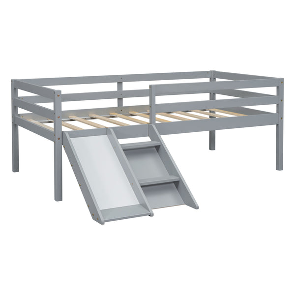 Twin Low Loft Bed with Slide, Ladder, Safety Guardrails, No Box Spring Needed,Grey