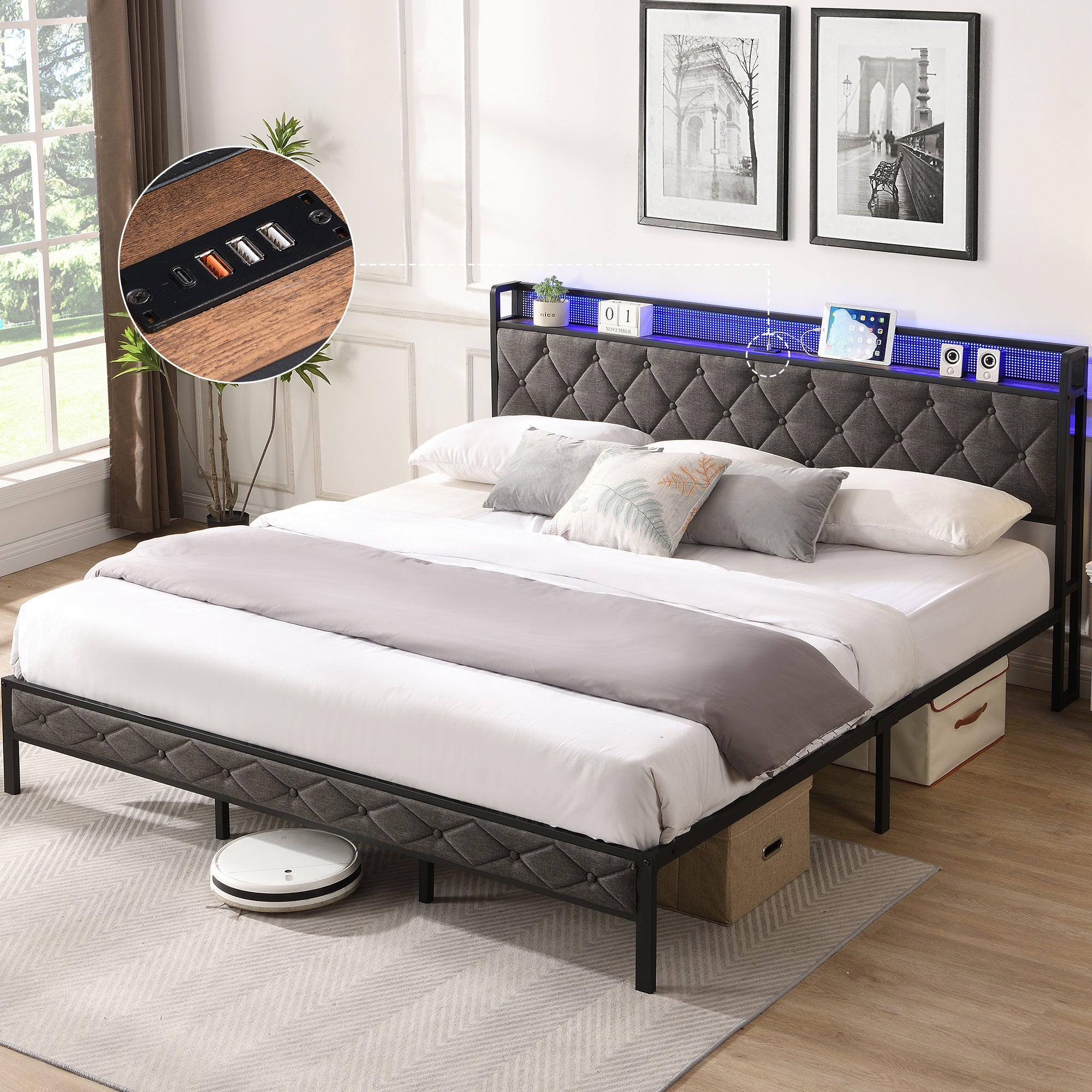 King Bed Frame with Storage Headboard, Charging Station and LED Lights, Upholstered Platform Bed with Heavy Metal Slats, No Box Spring Needed, Noise Free, Easy Assembly, Dark Gray