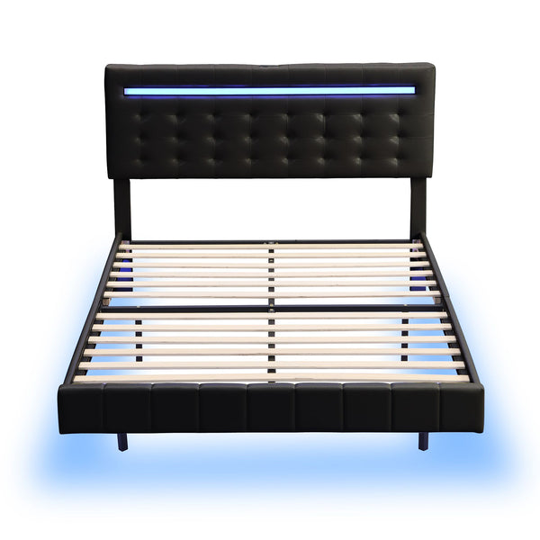 Full Size Floating Bed Frame with LED Lights and USB Charging,Modern Upholstered Platform LED Bed Frame